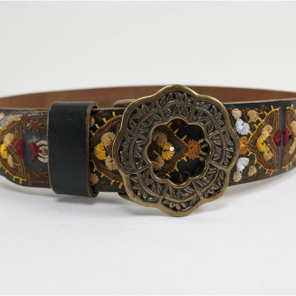 Lucky Brand Womens S Brown Leather Embroidered Boho Belt Bronze Buckle 29 31 33